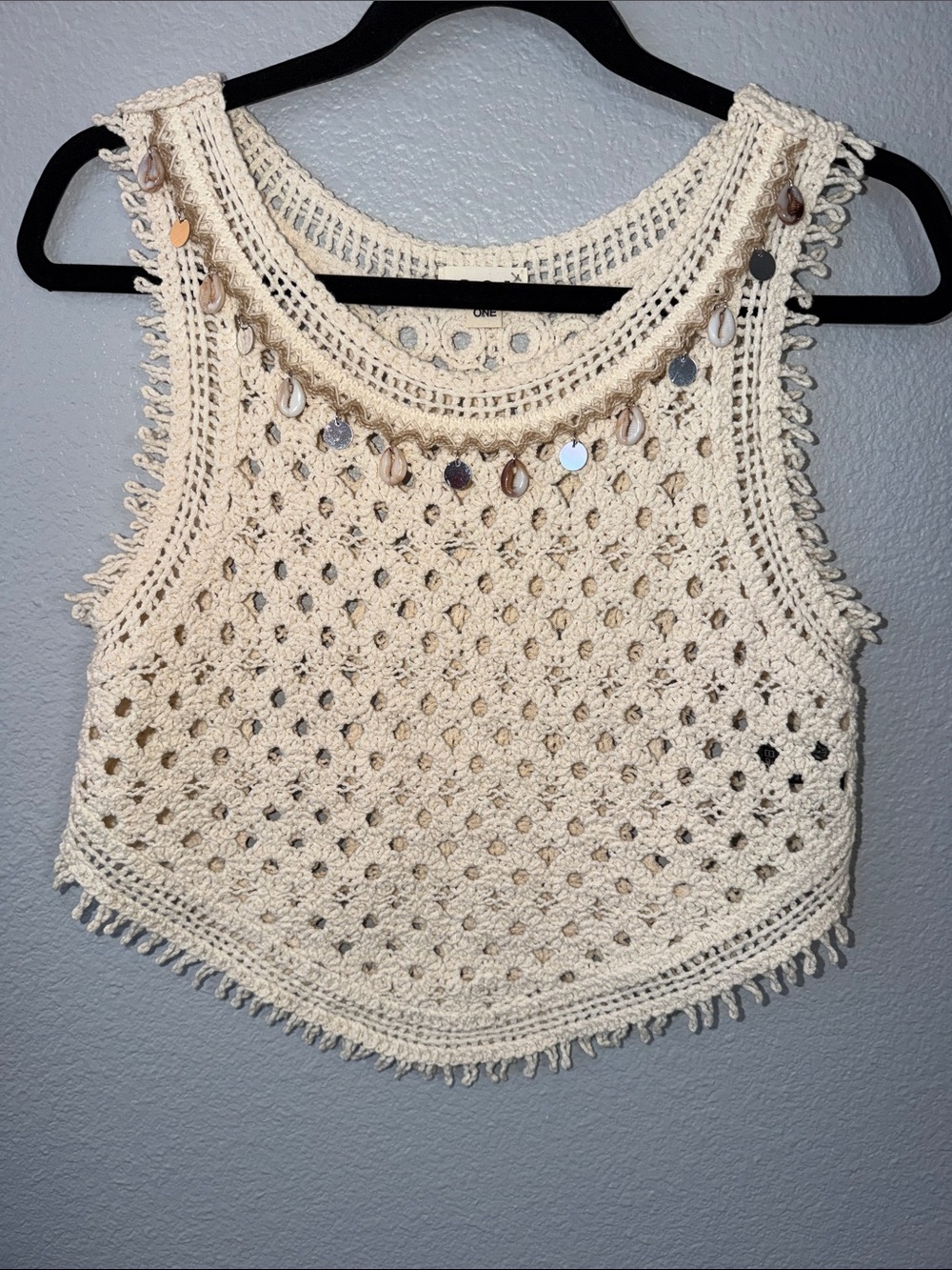 POL Boho Crochet Shell-Trim Cream Tank Top